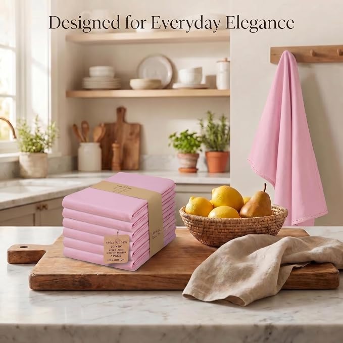 Urban Villa Kitchen Towels 100% Cotton Dish Towels for Kitchen(Set of 6) 20”x30” Dish Cloths Highly Absorbent Kitchen Linen Set with Hanging Loop Perfect for Drying Dishes Cleaning Hand Towels – Pink
