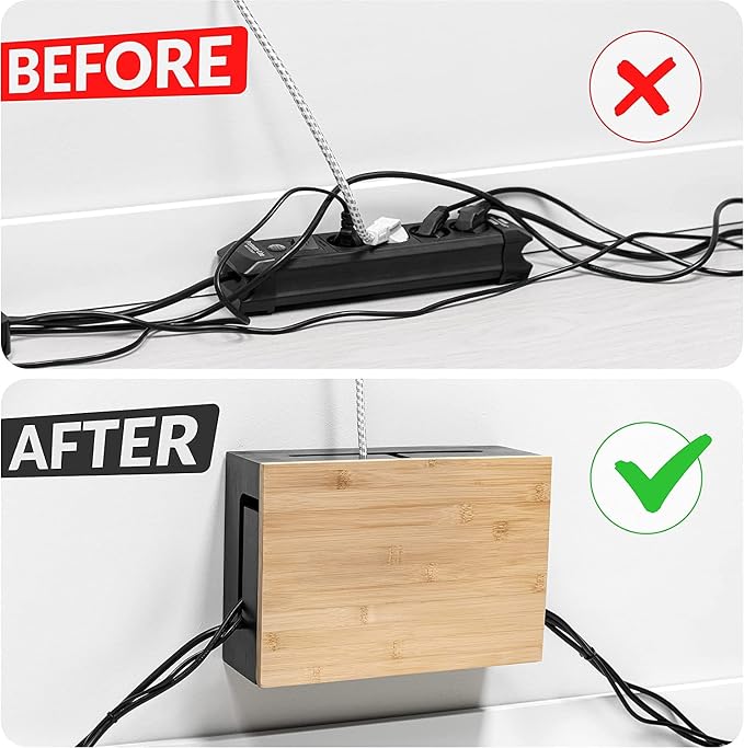 Bamboo Cable Management Box with Magnetic Lid - 12,6x7,8x4.3 in - Durable Cable Organizer to Hide Cords & Power Strip - Wall Mountable - Including Hardware - for Home, Office, Desk & More (White)