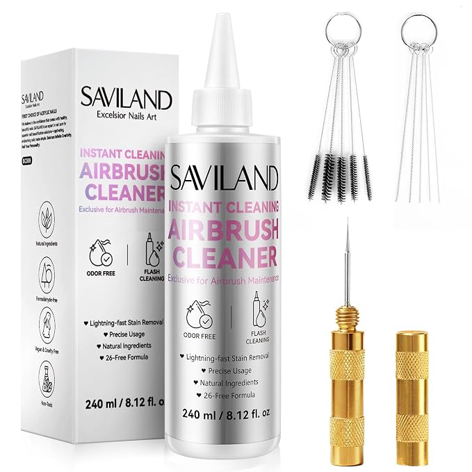 SAVILAND Airbrush Cleaner Kit: 10S Instant 240ml Airbrush Cleaning Kit Low Odor Acetone Free with Cleaning Brush & Needle Nozzle Reamer Full Tool Set for Clog Removal Nail Art Airbrush Pro