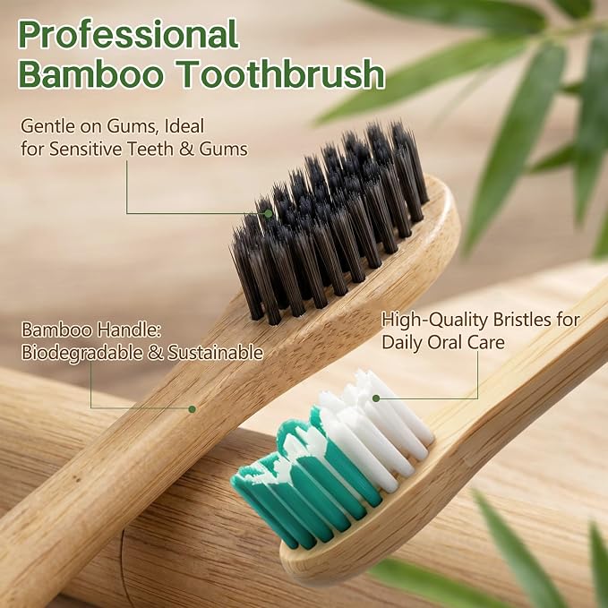 Natural Bamboo Electric Toothbrush for Adults | 4 Pack Bamboo Replacement Brush Heads, 5 Cleaning Modes, Long-Lasting Battery, PX7 Waterproof, Rechargeable