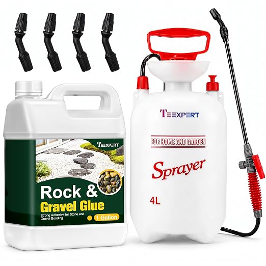Teexpert 1 Gallon Rock Glue for Landscaping with Sprayer, Concentrated Gravel Glue for Pea Gravel & Small Rocks, 10,000 mPa·s Strong Hold, Covers up to 280 sq ft, Water Permeable, Dries Clear