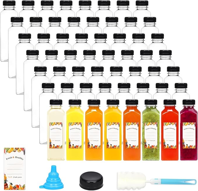 Moretoes 56pcs 16oz Plastic Juice Bottles with Caps, Clear Empty Containers with Brush Funnel and Labels for Coffee Smoothies Ginger and Other Beverages