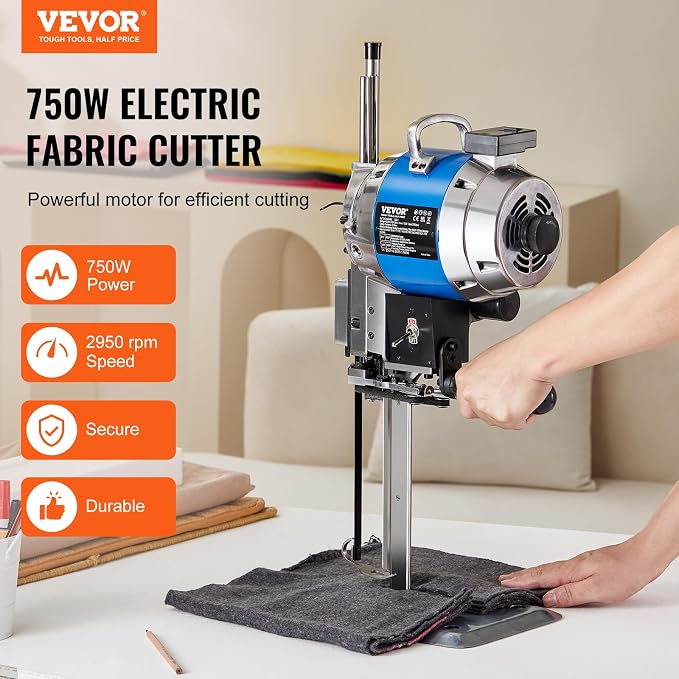 VEVOR Fabric Cutter, 750W High-Speed Straight Knife Cloth Cutting Machine, 9.8" Alloy Steel Blade, Industrial Fabric Cutting Machine with Automatic Knife Sharpen, for Multilayer Fabric Leather Cloth
