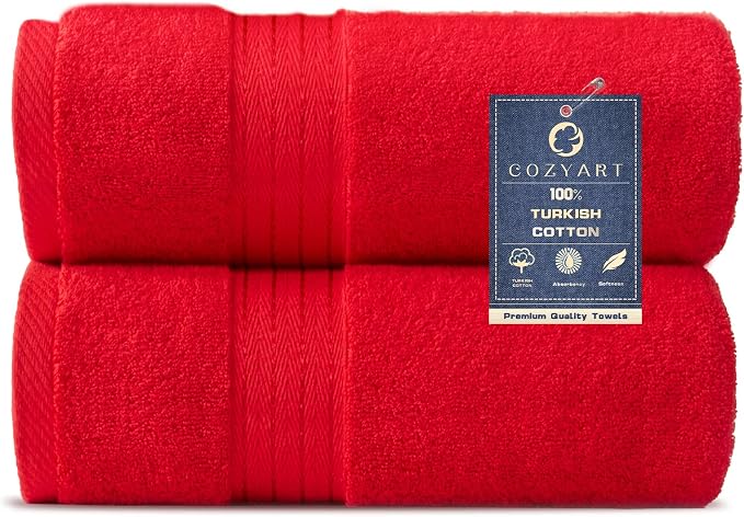 COZYART Luxury Bath Towels 2 PCS, Red 100% Turkish Cotton 650 GSM | OEKO-Tex 100 Certified Zero Twist Ring Spun, Soft Absorbent Quick Dry, Plush Fluffy, Breathable Hotel Quality for Daily Use