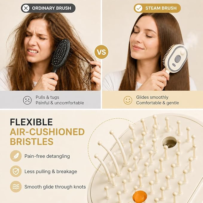 Electric Steam Brush for Hair, Electric Spray Air Cushion Comb for Women, Rechargeable Water Spray Hair Brush, Detangling & Anti-Static Hair Brush, Reduce Frizz, Smooth & Nourish