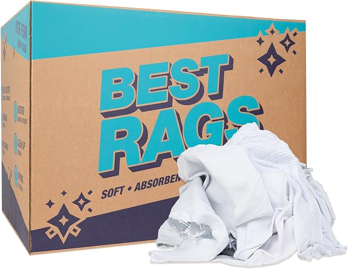 Arkwright T-Shirt Rags Bulk, 50 lb Box, Cotton Cleaning Towels, Low Lint Knit Wiping Cloths for Paint, Stain, Grease, Shop and Auto Use, Absorbent Machine Washable, White