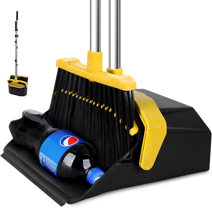 Tiumso Broom with Dustpan Combo Set, Brooms and Dustpans Sets with 51'' Long Handle, Large Dust Pan and Broom, Self-Cleaning Dustpan Teeth for Lobby Kitchen Office - Black and Yellow