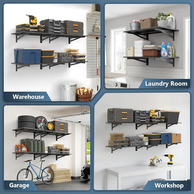 Jusgym 4 Pack Heavy Duty Garage Wall Shelving (2x3ft), 1400lbs Capacity Garage Shelving Wall Mounted, 24"x72"Garage Storage Rack Floating Shelves, Black