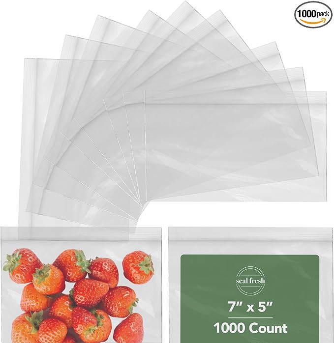 Seal Fresh Zip Bags – 7x5 Inches (1000 Count), 2 Mil – Clear Plastic Reclosable LDPE Poly Sandwich Baggies with Resealable Lock Seal Zipper – For Snacks, Cookies, Candies, Treats, Pastries, Party