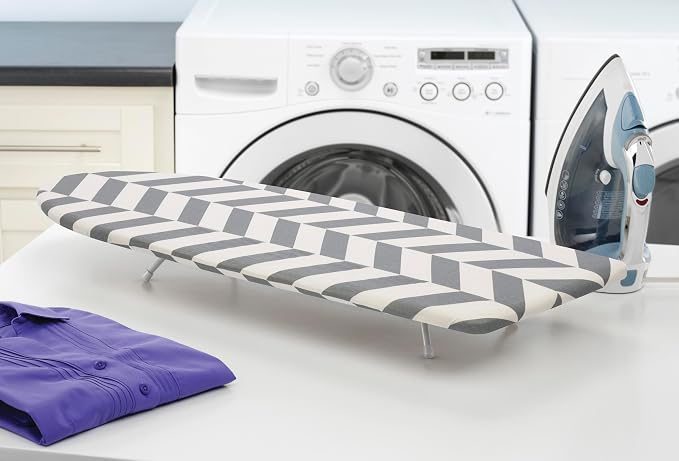 Whitmor Folding Tabletop Ironing Board with Wood Top, 32 x 12 in | Wood top, scorch-resistant cotton cover, 5mm foam pad, folding design with locking legs for compact storage.