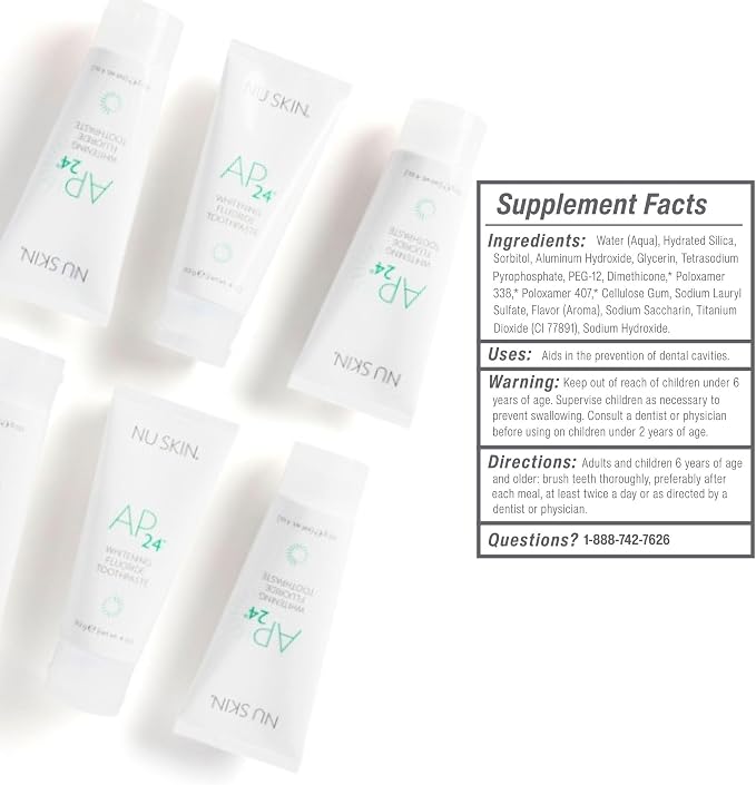Nu Skin AP 24 Whitening Fluoride-Free Toothpaste | 4 Oz | 1 Pack | Vanilla mint flavor, no peroxide or fluoride | Enamel-safe | Brightens teeth, removes surface stains, and fights plaque