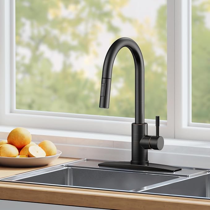 FORIOUS Oil Rubbed Bronze Kitchen Faucet with Pull Down Sprayer, High Arc Modern Classic Sink Faucet Stainless Steel with Deck Plate Fit for 1 or 3 Hole for Pot Filler Bar Farmhouse Laundry Rv, ORB