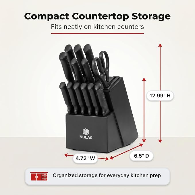 Knife Set, 15-Piece Kitchen Knife Set with Block and Built-in Sharpener, Dishwasher Safe, Non-slip Handle, 6 Steak Knives, Black