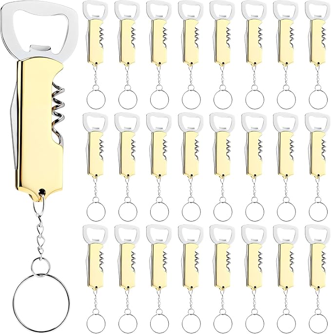 Ziliny 24 Pcs Bottle Opener Keychain Bulk Wine Bottle Beer Opener Keychain 3.27" Stainless Steel Corkscrew Waiter Corkscrew Wine Keyring Gifts for Christmas Bar Party Wedding Home (Gold)