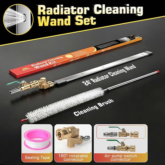 24" Upgraded Radiator Cleaning Wand Set | 25° Fan Nozzles,Water&Air Dual-Use,4500 PSI Pressure,Stainless Steel Washer Tool for Car,Truck and Other Vehicles
