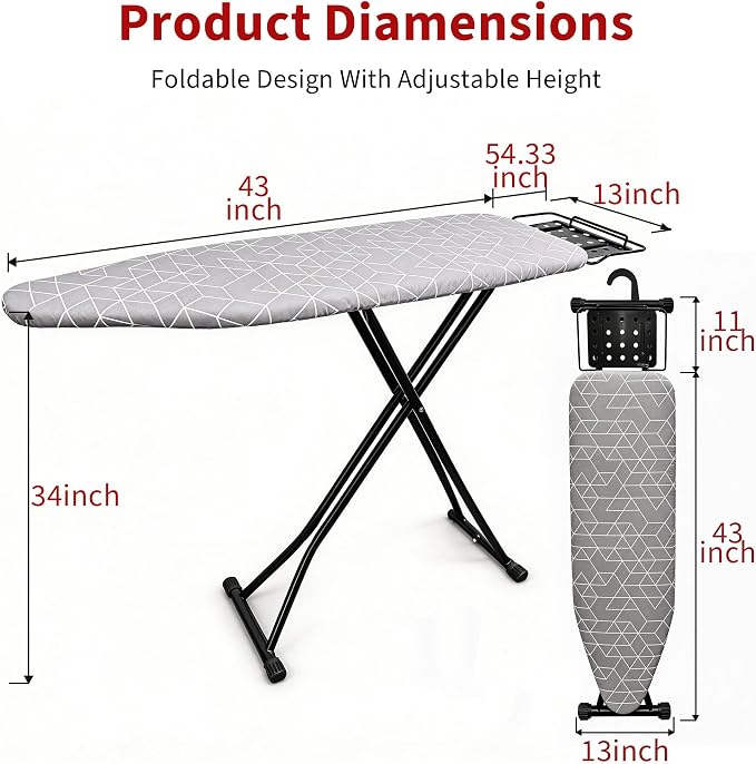 Ironing Board, 43"×13" with Iron Rest, 4 Layer & 7 Adjustable Height Sturdy | Iron Board with Bulit-in Hook and Hanger Bar, Heat Resistant Cover and Pad for Home Dorm Apartment Laundry Room, Gray