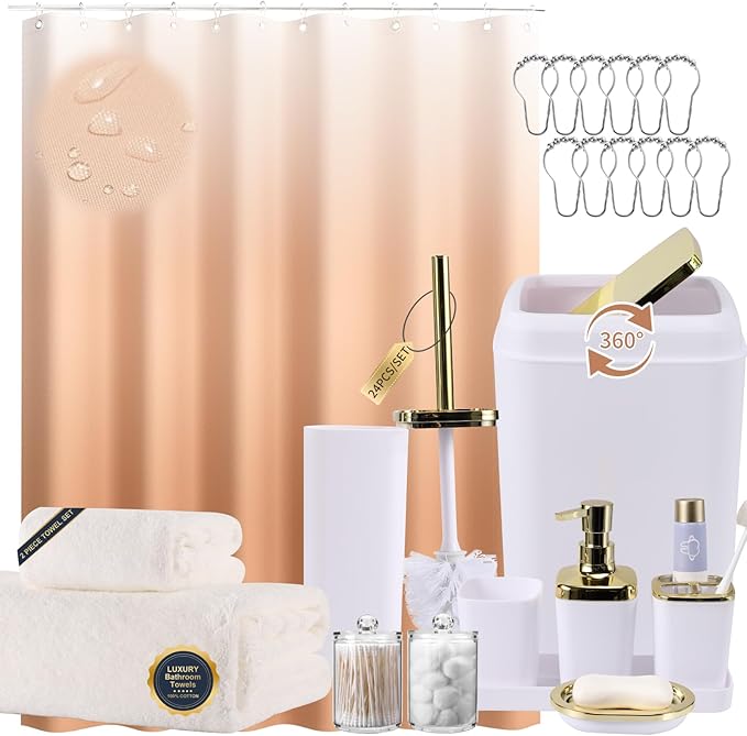 XLHOMO White Bathroom Accessories, 24 Pieces White Bathroom Accessories Set with Shower Curtain, Bath Towels, Trash Can, Soap Dispenser and Soap Dish for Bathroom/Housewarming