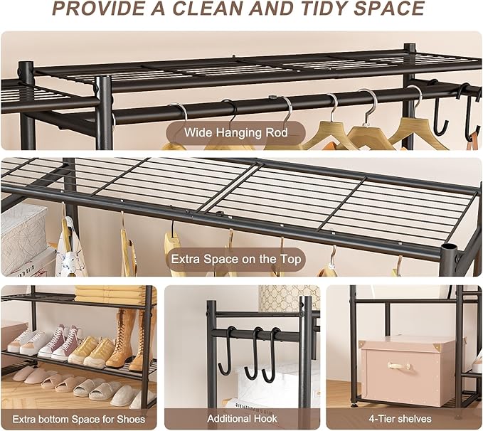 Neprock Wardrobe Closet, Portable Clothing Rack for Hanging Clothes, Free Standing Closet Organizers and Storage System with 4 Tiers Shelves for Cloakroom Bedroom,Black
