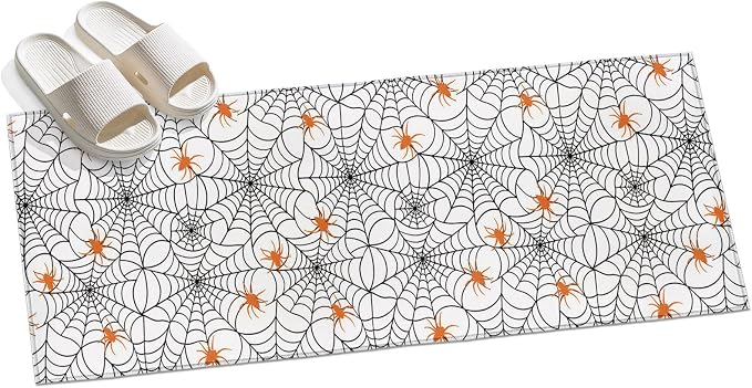Hallway Runner Rug 2'x6', Halloween Washable Bathroom Area Rugs for Kitchen Bedroom Laundry, Black Net Classic Spiders Gingham Orange Non Slip Door Mat Indoor Entrance Floor Throw Bedsides Carpet