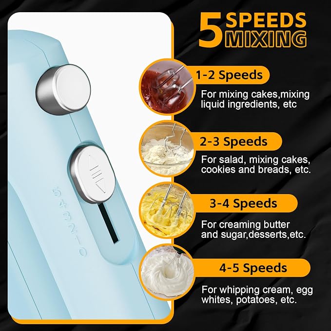 Lord Eagle 5-Speed Hand Mixer Electric, 300W Compact Handheld Mixer, Portable Kitchen Egg Beater with 5 Attachments & Storage Bag, Cake Supplies for Bread Dough Baking, Lightweight, Blue