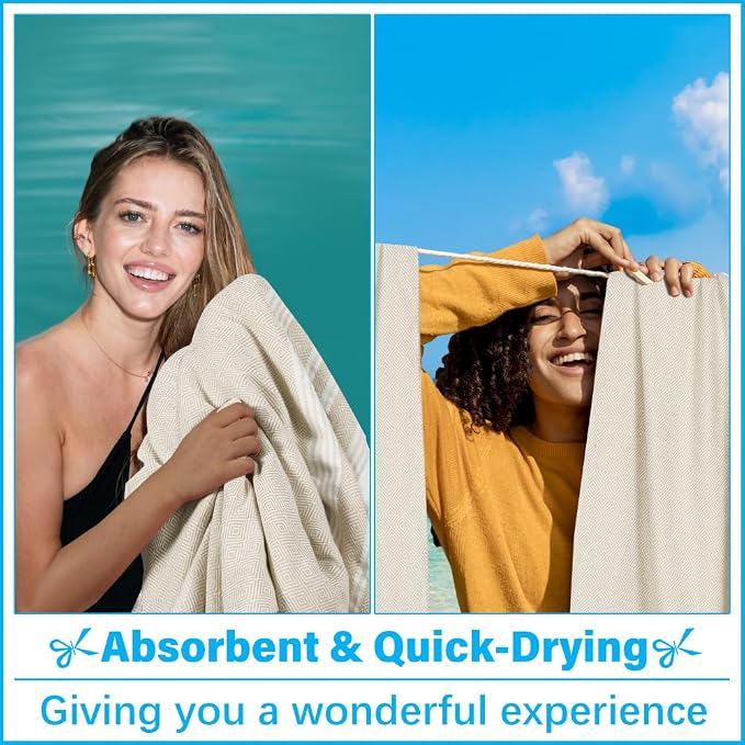 Vikumond Turkish Beach Towel Blanket Oversized 88x82 Inch Quick Dry Beige | Lightweight Compact Portable Sand Free Absorbent Boho Woven Throw for Pool Swimming Picnic Camping Cruise Outdoor Essentials