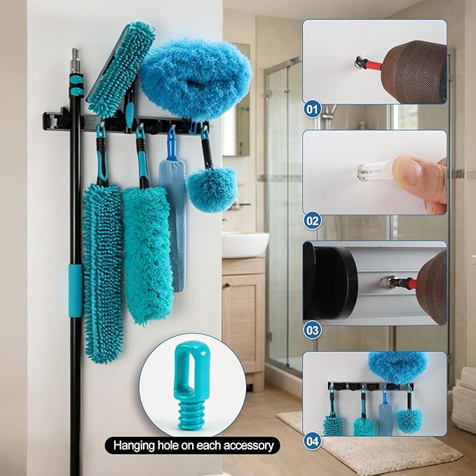 FIDISP 20 Foot High Duster with Extension Pole 4.5-12FT, 1.2" Thick Aluminum Wobble-Free Handle, 9 PCS Ceiling Fan Cleaner Duster Kit with Hooks, Spider Web Brush with Pole for High Ceilings & Outdoor