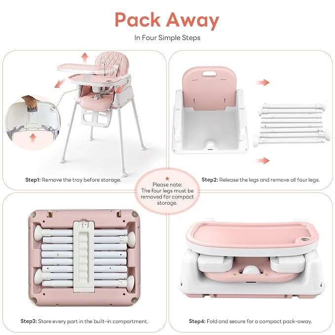 High Chair for Babies and Toddlers, 3-in-1 Convertible Baby High Chair, Built-in Leg Storage, Compact Pack-Away Design, Baby Eating Feeding Chair, Silla De Comer para Bebe, Pink