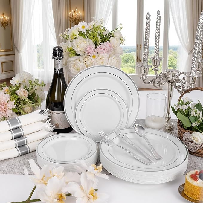 WDF Partyware 175PCS Sliver Plastic Plates - Silver Plates Disposable - White Plate with Silver Trim 25Guests Plastic Dinnerware Sets with Rolled Napkins for Wedding Baby Shower Spring Birthday
