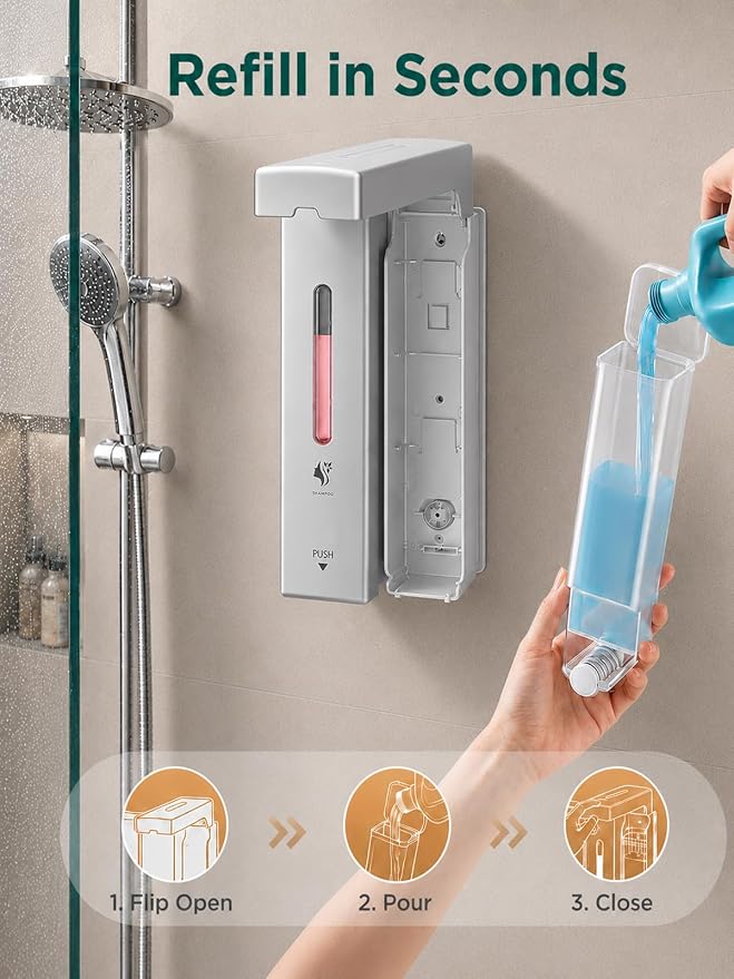 Shampoo and Conditioner Dispenser Wall Mounted, 3-Chamber Shower Soap Dispenser for Bathroom, 1200ML Large Capacity, No-Drill Installation, Clog-Free Pump for Thick Liquids (silver-2-pack)