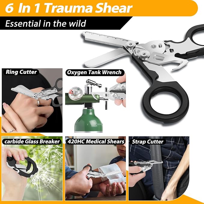 Lenporl Foldable Trauma Shears with Compatible Holster, Emergency Shears with Strap Cutter and Glass Breaker for Outdoor Camping Emergency Scissors Tools Black