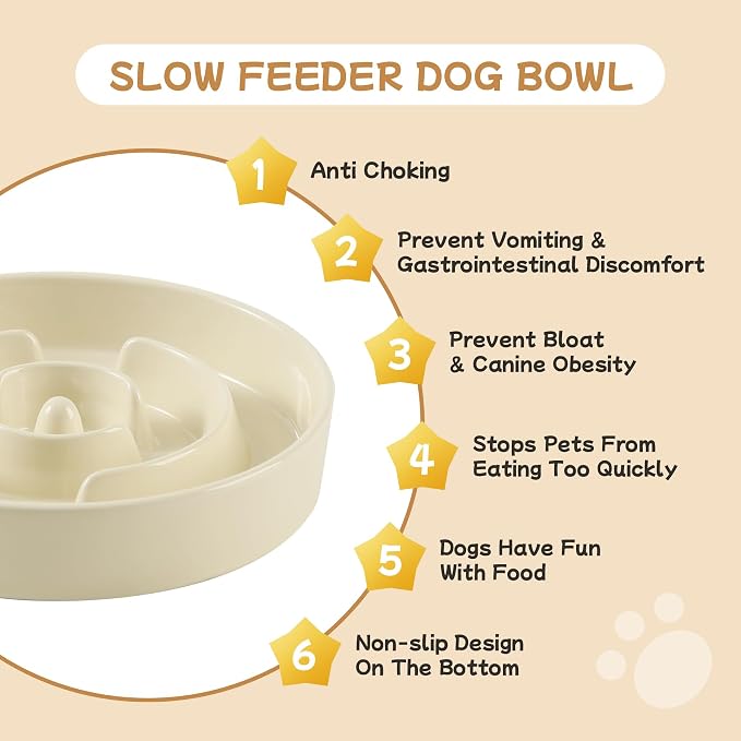 Havniva Elevated Slow Feeder Dog Bowls, Ceramic Dog Bowl Slow Feeder Set | 0.9 Cups Raised Slow Feeder Dog Bowl for Small Breed, 6.1” Dog Water Bowl with Wooden Stand, Puzzle Dog Food Bowl, Non-slip