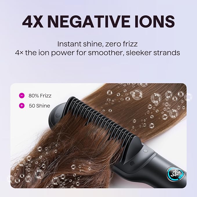 Wavytalk Hair Straightener Brush, Sleek Sweep Ionic Straightening Brush, Anti-Scald Ceramic Straightener Comb with LED Display for Super Smooth Hair, Dual Voltage, Rose Gold.