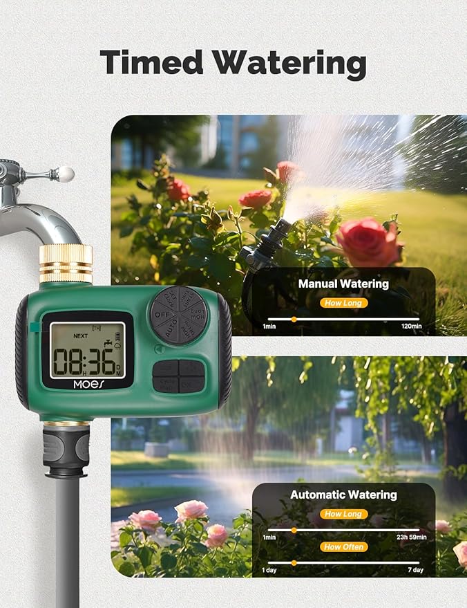 MOES Sprinkler Timer, Brass Inlet & Outlet Water Hose Timers, Programmable Automatic Irrigation Controller, Rain Delay, Manual Watering, 1 Zone Water Hose Timers for Gardens, Lawns, and Hose Systems