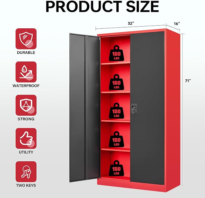Metal Storage Cabinets with Lock, 71" Tall Locker Organizer Steel Cabinets, Adjustable Shelves 2 Doors for Home, Office, Warehouse,Garage,Industrial,Employee Lockers (Style B, Black Red)