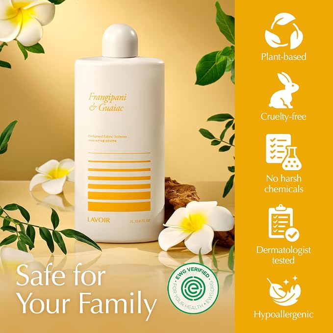 LAVOIR Perfumed Liquid Fabric Softener | Frangipani & Guaiac Luxury Scent, Long-Lasting Freshness, Premium Fabric Conditioner, Softens Fabrics, Plant-Based Concentrated, Hypoallergenic | 33.8 Fl Oz