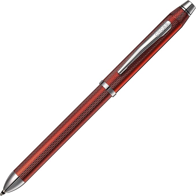 Cross Tech3+ with Sophisticated Brushed Red Diamond Pattern Finish Barrel, 0.5mm Pencil, Black and Red Ink Refills, Interchangeable Cap Tops in Premium gift box