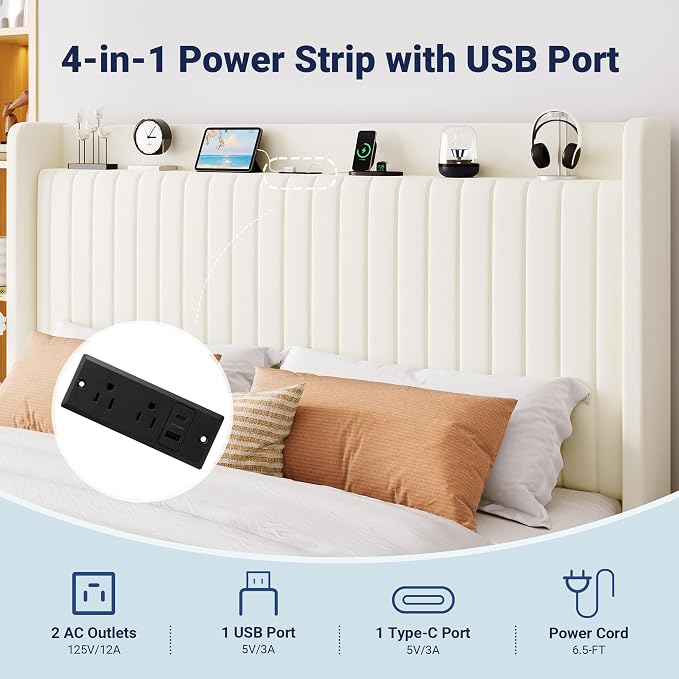 Allewie King Lift Up Storage Hydraulic Bed Frame,Charging Station,Cream | Storage Shelf Headboard with Charging Station,Type-C,USB Ports,Hydraulic Support,Velvet Upholstered,No Box Spring Needed