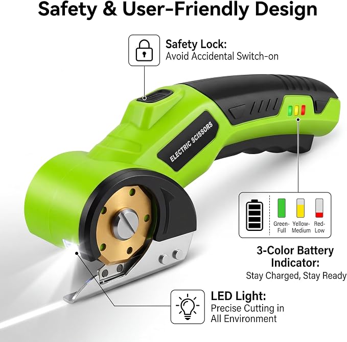 Cordless Electric Scissors, 60W Power Box Cutter for Cardboard, 2000mAh Battery Cutting Tool with 2 Blades, Ergonomic Fabric & Carpet Scissors for Crafts, Recycling & Home Projects