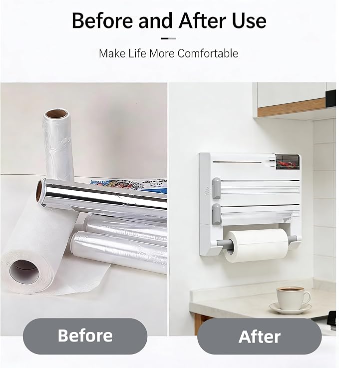 6-in-1 Wall Mounted Plastic Wrap&Foil Dispenser with Cutter–PP Kitchen Organizer w/Paper Towel, Tape, Bag&Small Tray, No Drill/Screw Mount White-Aluminum Foil Rack Organizer&Organizer Foil Cling Wrap