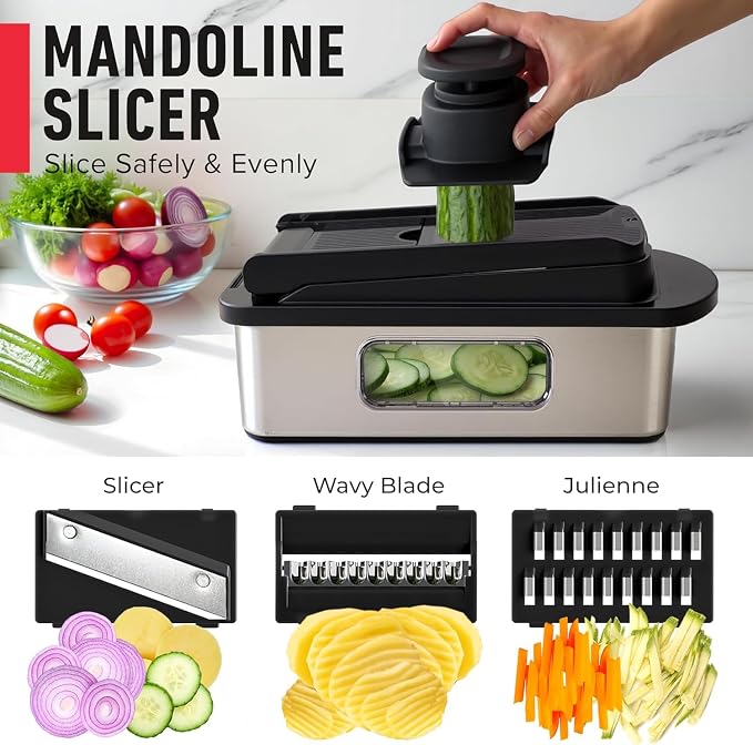 MUELLER HOME Pro-Series 10-in-1, 8 Blade Stainless Steel Multi Vegetable Chopper And Mandoline Slicer, Kitchen Tools and Gadgets, Food and Veggie Chopper, Mincer, Dicer, French Fry Cutter, Black