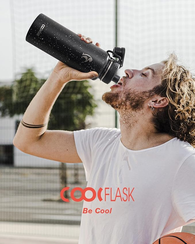Coolflask Water Bottle 40 oz Insulated with Straw, Stainless Steel Metal 3 Lids Water Flask for Sports or Office, Keep Cold 48H Hot 24H, Starry Night