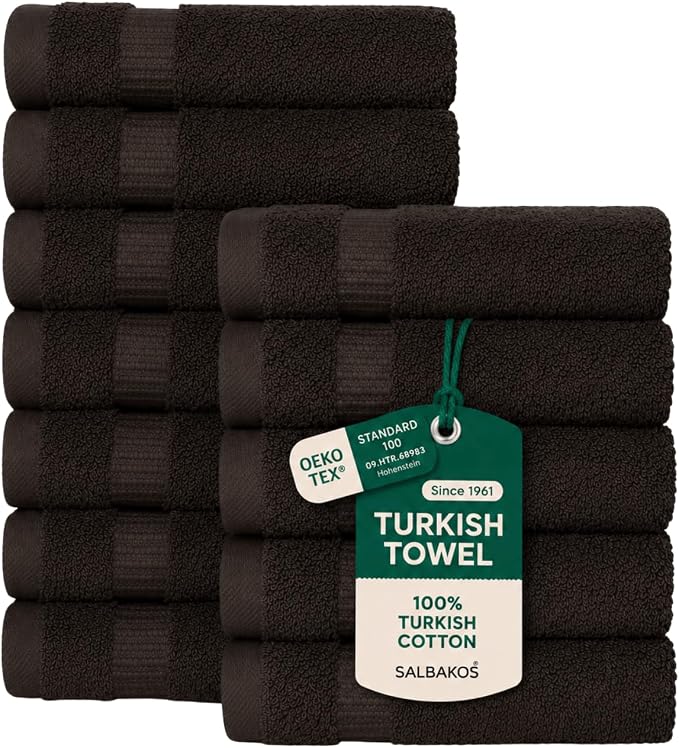 SALBAKOS 12-Piece 100% Turkish Cotton Washcloths and Face Towels, Chocolate | 13x13 in Standard Size Small Towel, Multi-use Bathroom & Kitchen, Thick Super Soft Absorbent Durable, Oeko-Tex Made in Turkey