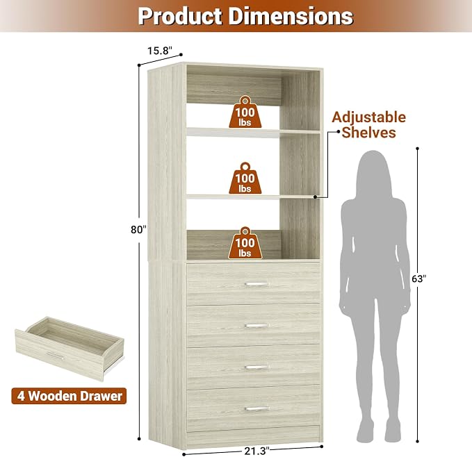 Aheaplus Wood Closet Organizer System with 4 Drawers, Modular Walk-in Closet Storage Unit, Small Closets Wardrobe Rack, Tall Storage Cabinet Unit, White Oak