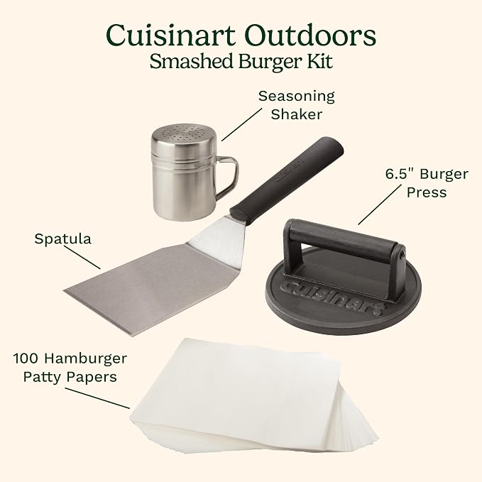 Cuisinart Smash Burger Kit w/Burger Press, Spatula, Shaker & Patty Papers | CSBK-400, smash burger press kit for a cookout or tailgate with stainless steel accessories and a cast iron hamburger press