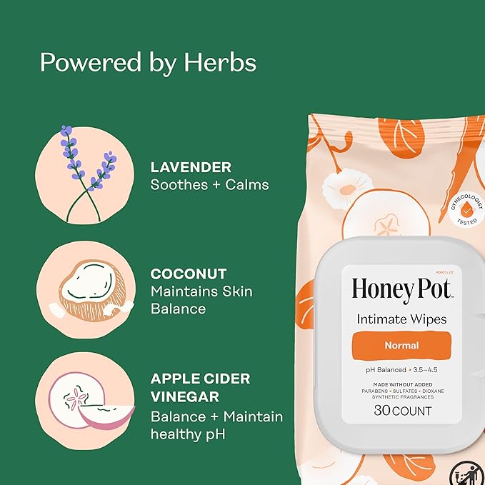 The Honey Pot Company - Feminine Wipes - Normal - pH Balancing, Herbal Infused Plant-Based Feminine Care for Sensitive Skin - Cleansing Wipes for Women - 30ct (Pack of 3)