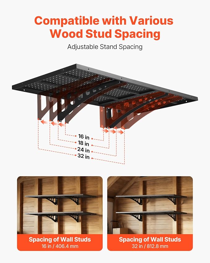 VEVOR 2-Tier Heavy Duty Wall Garage Shelving, 1.64 x 4 ft Steel Wall Mounted Shelving Unit, 19.68 x 48 Inch Per Shelf Floating Storage Metal Rack for Garage with 560 lbs Total Weight Capacity, Black