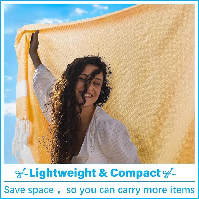 Vikumond Turkish Beach Towel Blanket Oversized 88x82 Inch Quick Dry Yellow | Lightweight Compact Portable Sand Free Absorbent Boho Woven Throw for Pool Swimming Picnic Camping Cruise Outdoor Essentials