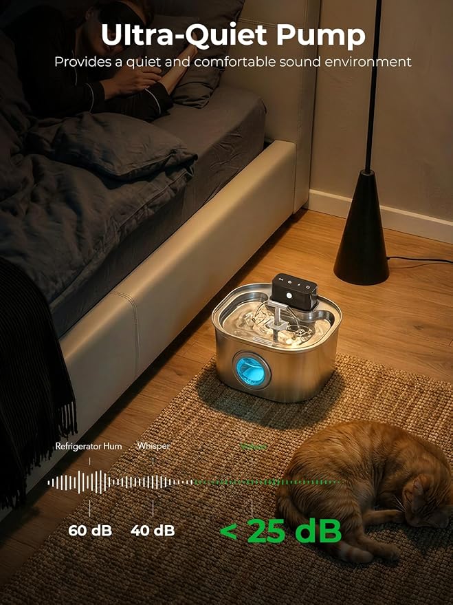 Voluas Stainless Steel Cat Water Fountain, Wireless, 108oz/3.2L, 4Filter | Cordless Design, T-Shaped Dual Water Outlet, Ultra-Quiet Pump, BPA-Free