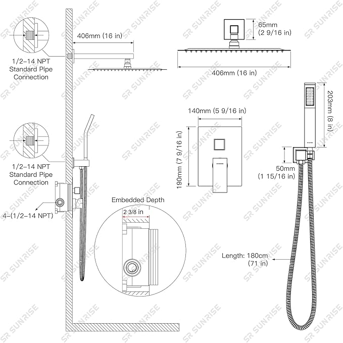 SR SUN RISE Matte Black Square Rainfall Shower Head and Handle Set, Wall Mounted Shower Fixtures, Metal Shower Faucet Trim Repair Kits (With Shower Valve) 16 Inches