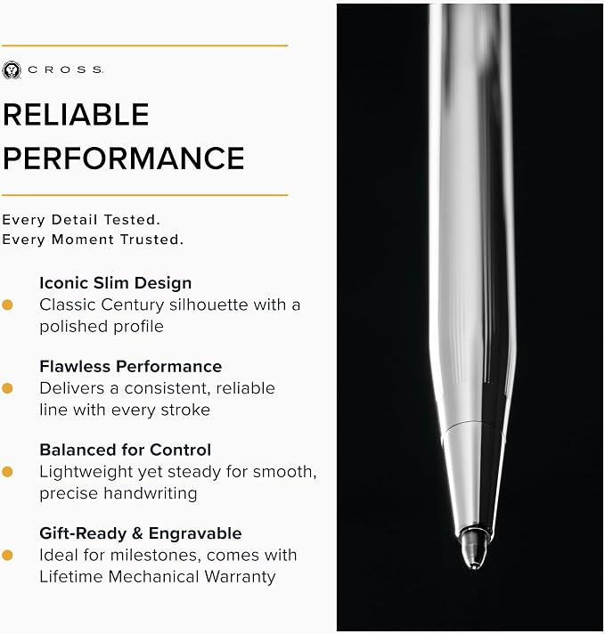 Cross Classic Century Lustrous Chrome Ballpoint Pen - Refillable Pen for Effortless Writing - Black Ink - Durable Construction - Premier Distinctive Look - Gift-Ready